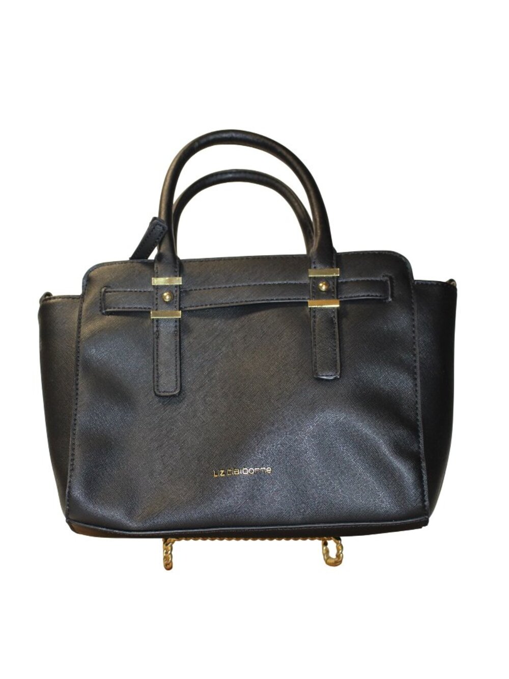 Liz Claiborne Black Saffiano Vegan Leather Satchel Handbag Top Handle Purse